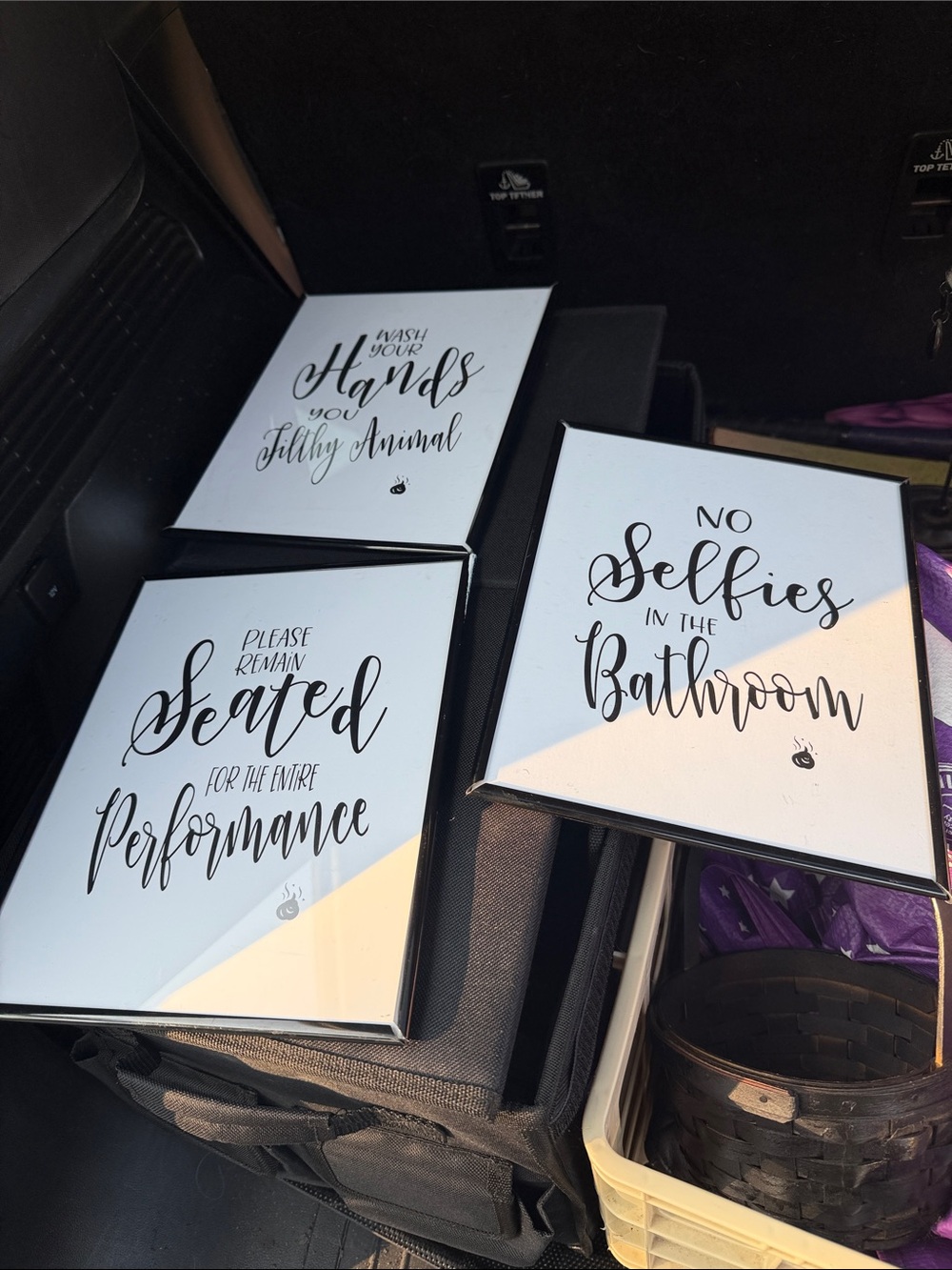 Set of 3 White Script Wall Signs - Bathroom & Performance Sayings